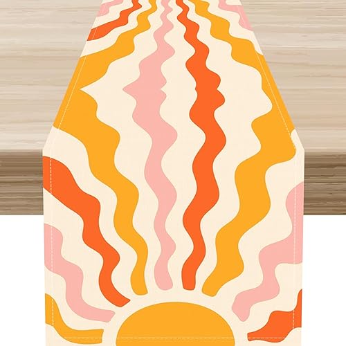 Miniatura 40 de Camino de mesa de los años 70, rústico azul ondulado, cuadrícula floral, moderno, retro, bohemio, hippie de los años 60, decoración abstracta de la