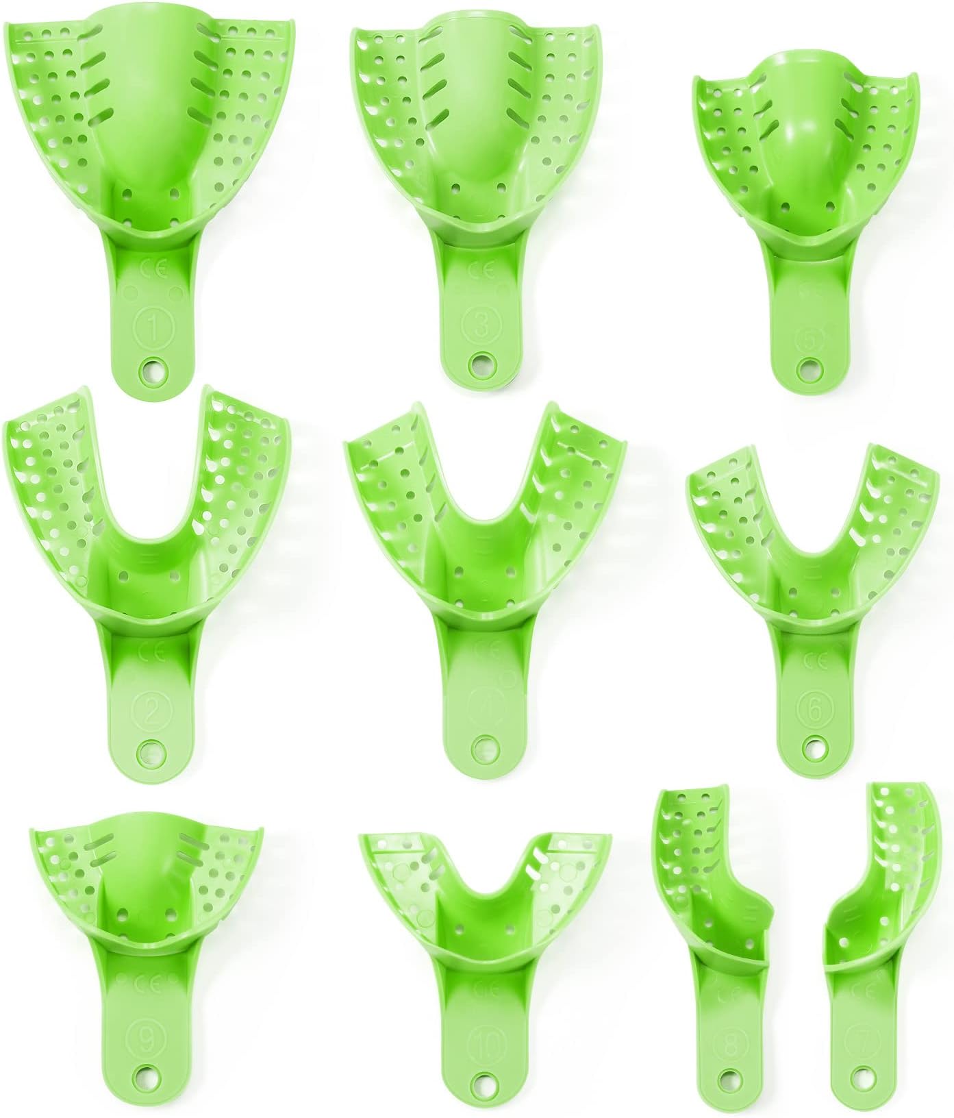 Annhua Perforated Dental Impression Trays 10 PCS, Disposable Impression Trays Set Plastic Teeth Holder for Dental Clinic, Lab Equipment, Dental Students - Green