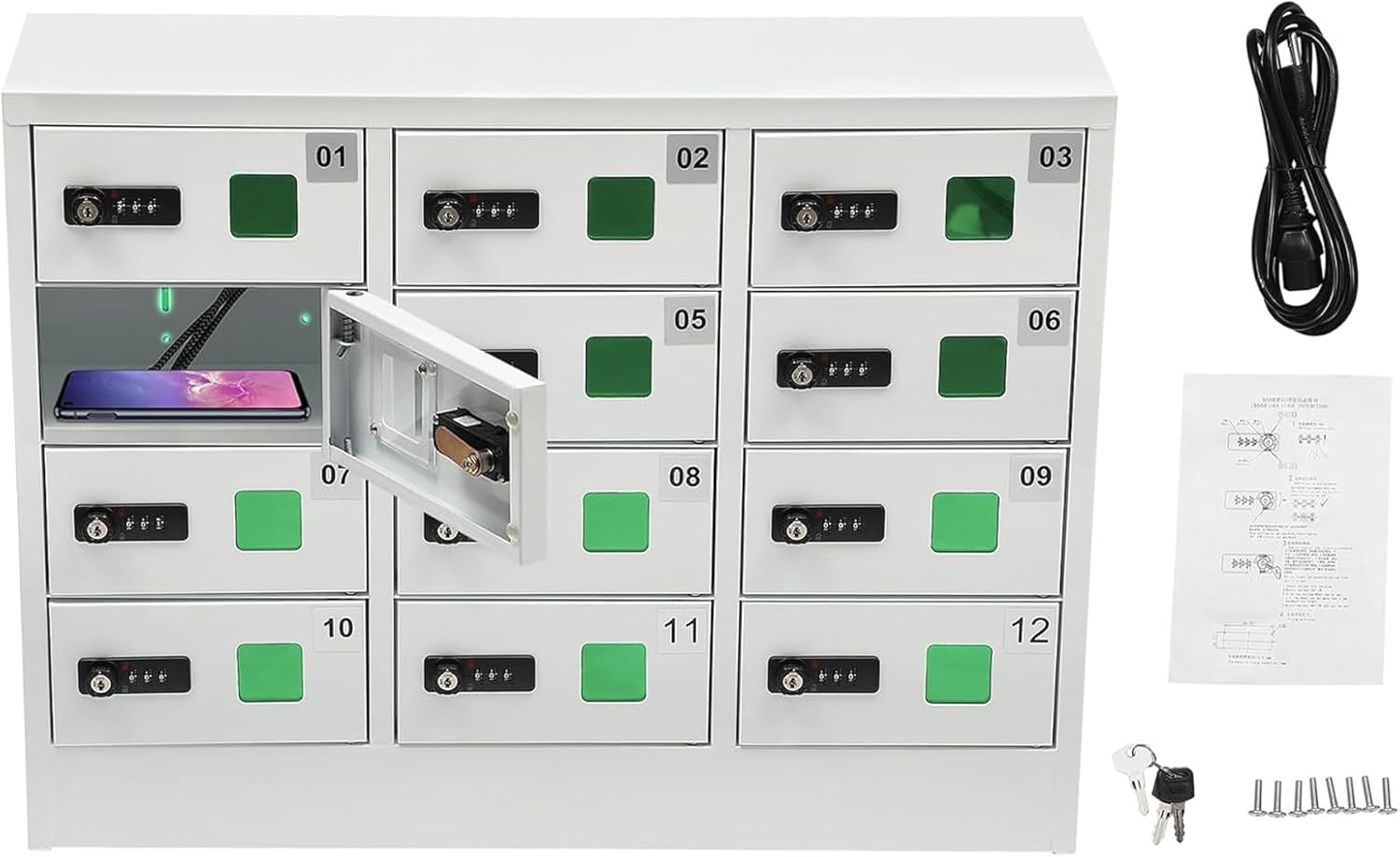 Steel 12 Slots Cellphone Locker,Combination Locks & Built-in Type-C Charging Cords-Storage Solution for Schools,Libraries & Educational