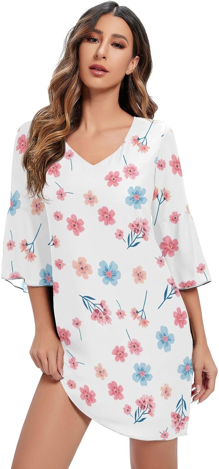 Blossoms White V Neck Dress 3/4 Sleeve Hawaiian Short Dresses Women S-XXL