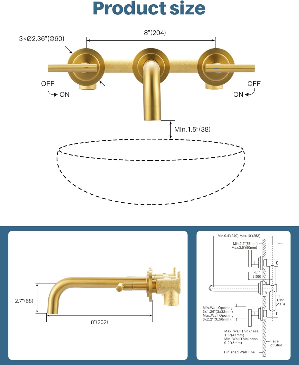 Wall Mount Bathroom Faucet - WOWOW Brushed Gold Bathroom Sink Faucet - 2 Handle Wall Mount Vessel Sink Faucet 3 Holes Elegant Classic Spout Rough in Brass Valve Included