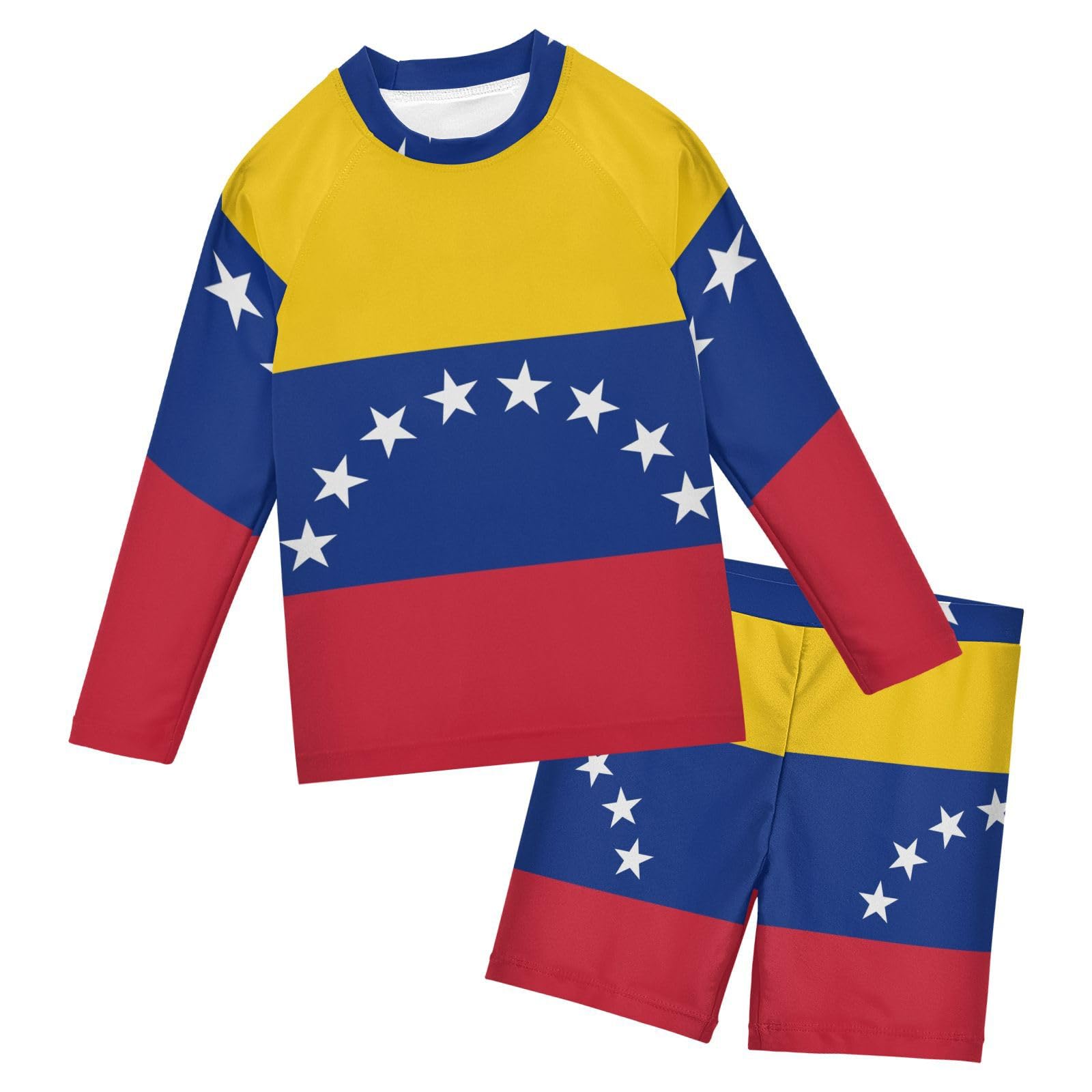 Aflyko Patriot Boys 2-Piece Swimwear Venezuelan Flag Rashguard Set Swim Trunks with Shirt Soft Fabric Board Shorts Comfy for Everyday Swimmer, 5-6T Multicoloured