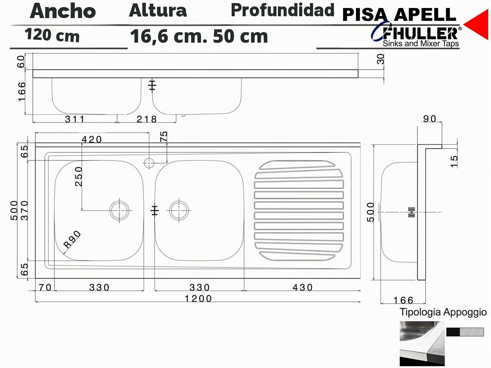 Fregadero de cocina con apoyo Apell mod. Pisa de acero inoxidable, 120 x 50 cm, 2 senos a la derecha
