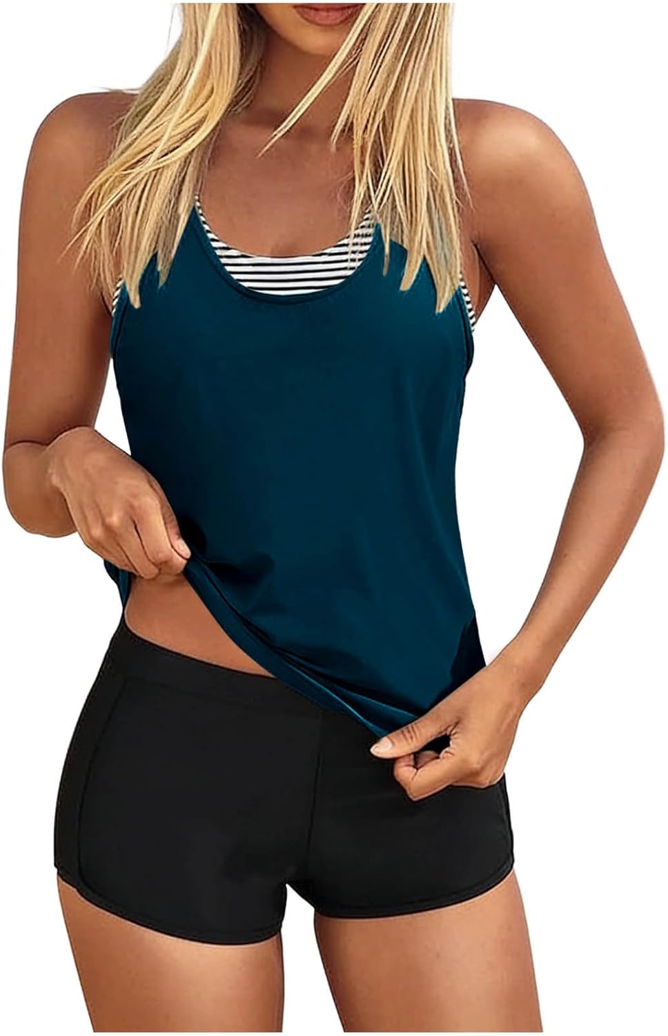 HGps8w Women's 3 Piece Tankini Swimsuits Raceerback Swim Top with Boyshorts Bottom Striped Two Piece Bathing Suit