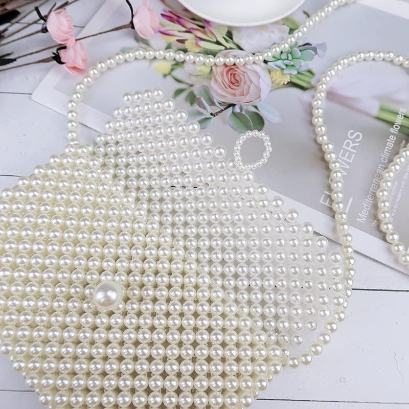 CindyZzz Luxury Pearl Bag Chain Bag Beige Purse Ladies Beaded Cross Body Shoulder Bag Small Square Handmade Bags Women's Clutches for Wedding Party Bridal Party Gift for Girls Women 7.5x5x 0.8 inches
