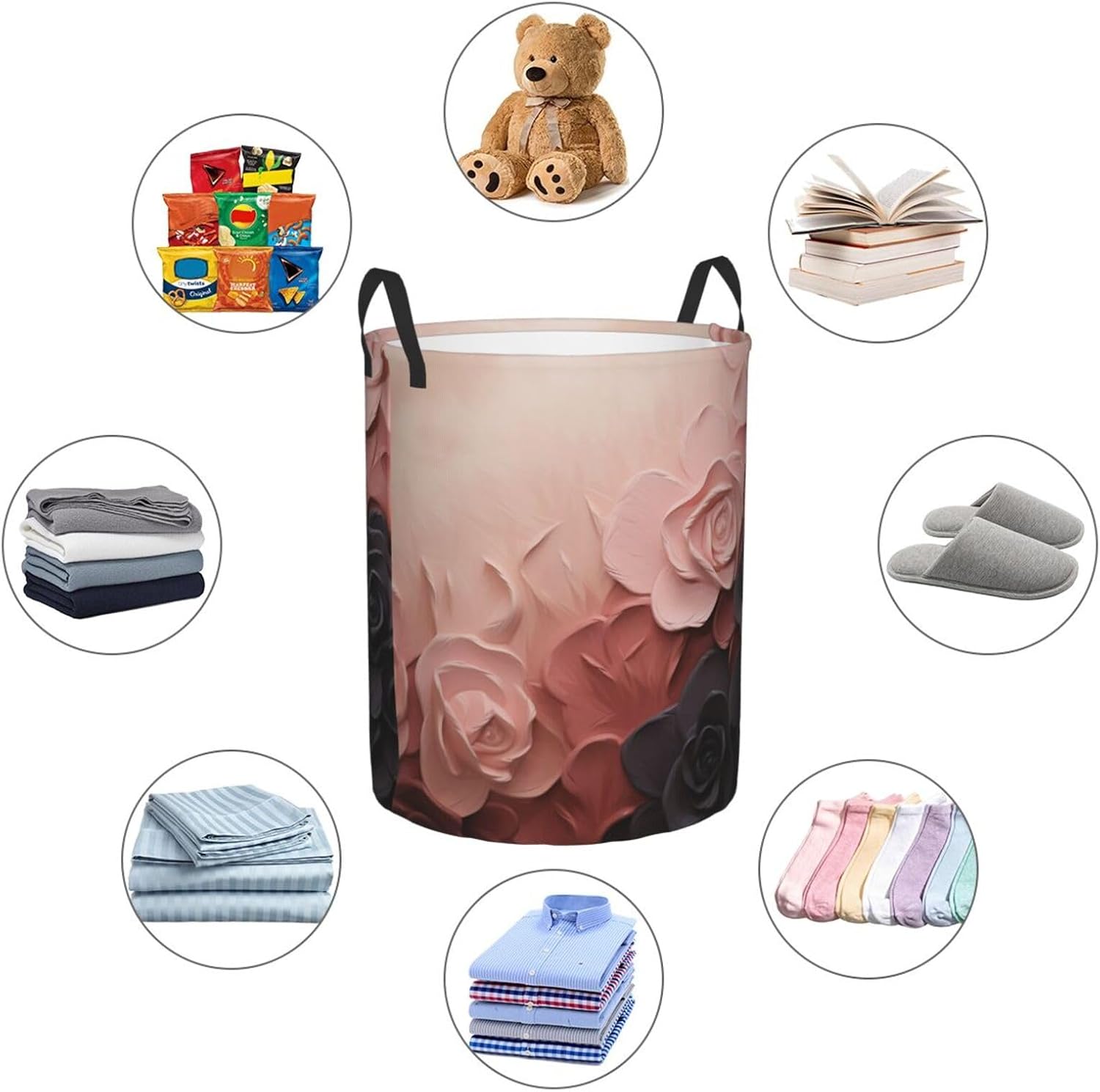 Rose Color Blush and Black Laundry Basket With Handles, Foldable Laundry Hamper Oxford Cloth Dirty Clothes Basket Waterproof Clothes Toys Storage Bin Organizer for Bedroom Bathroom Dorm