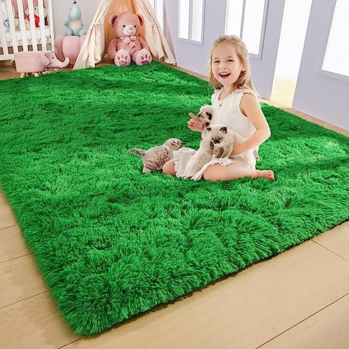 AROGAN Luxury Soft Shaggy Rug, 5x8 Feet Bedroom Plush Area Carpet for Living Room, Green Fluffy Shag Rug for Kids, Girls, Teens & Nursery Decor