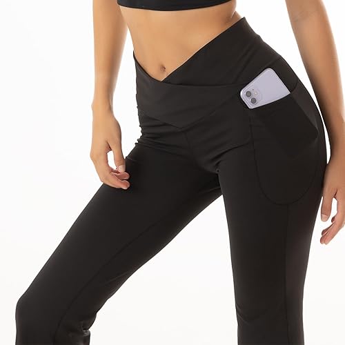 Miniatura 5 de Leggings acampanados para mujer, pantalones de yoga con bolsillos, para entrenamiento, corte cruzado, con control de abdomen, color negro