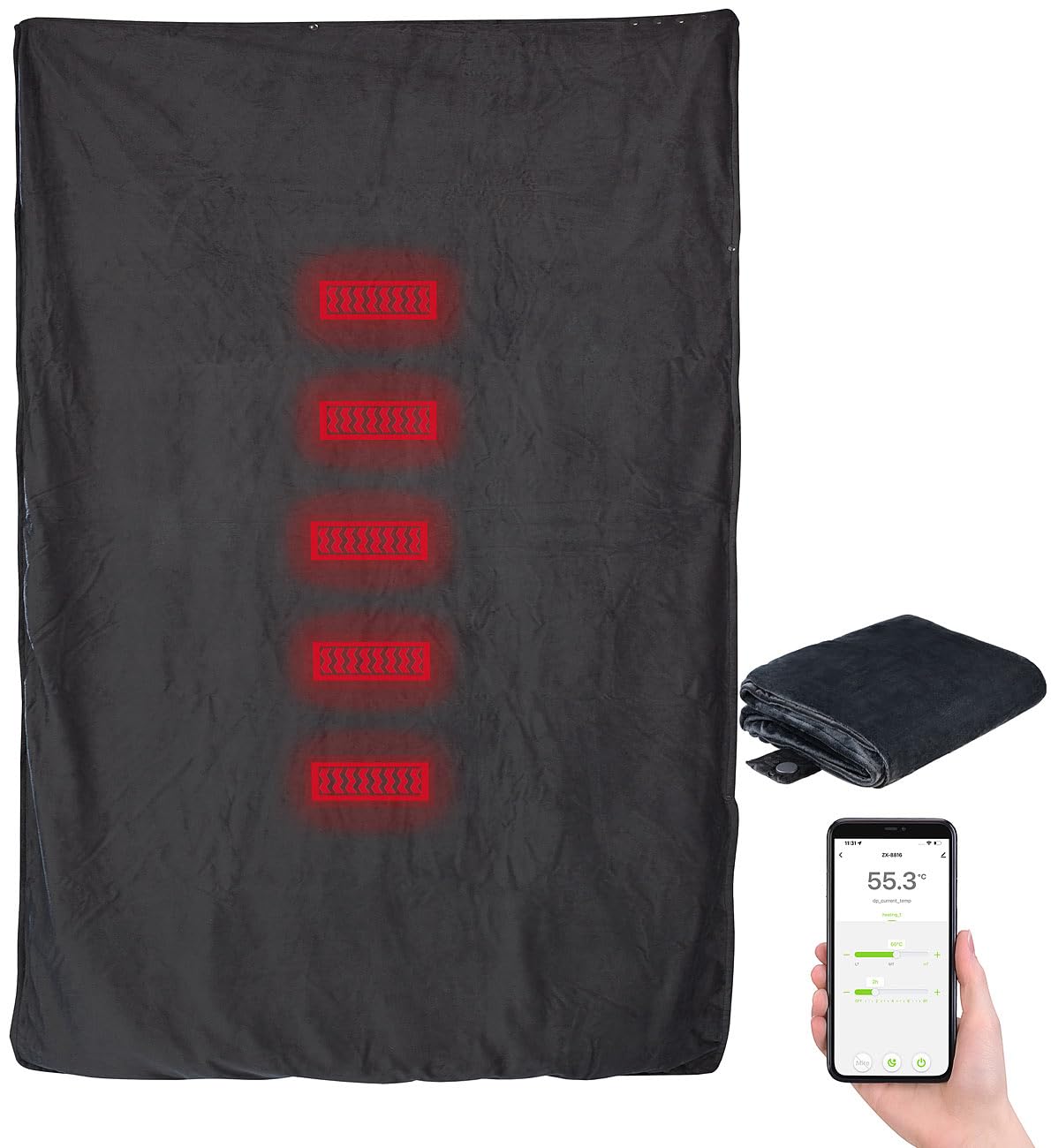 Coperta riscaldante smart a infrarossi con Bluetooth e app ELESION, fino a 65 °C, 180 x 135 cm