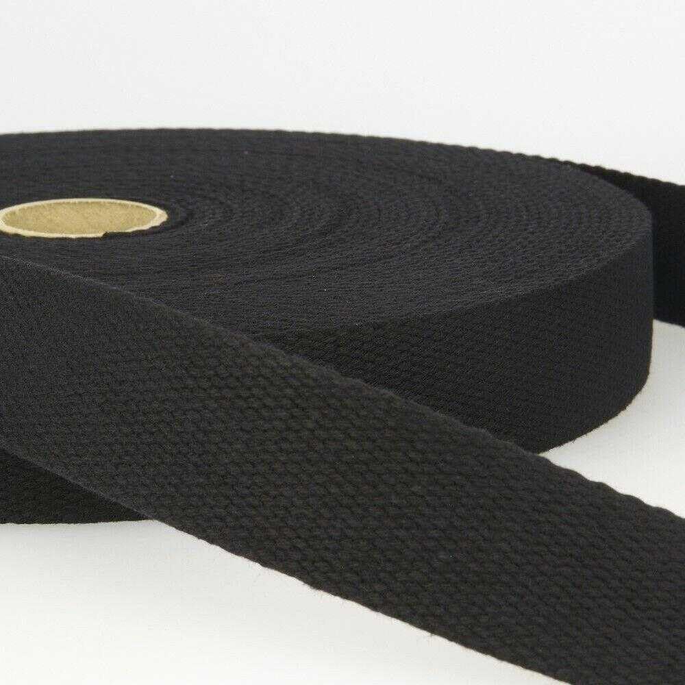 25mm Cotton Webbing 2mm Strap 231D, 014 Black, 2 Metres