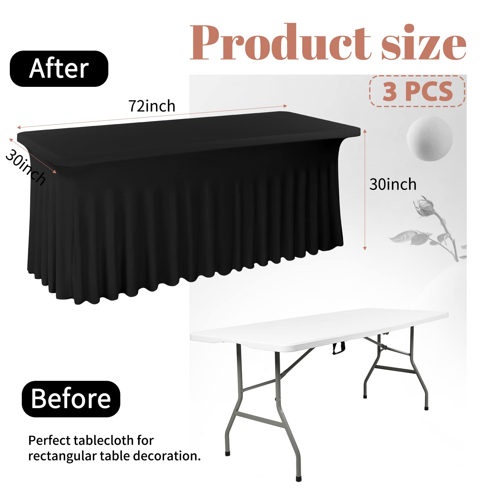 3 Packungen Spandex-Tischröcke, 182 x 76 cm, Stretch-Tischdecke für rechteckige Tische, knitterfreie Tischdecke mit Rock, Spandex-Tischdecke, Tischrock für Hochzeitsbankette, Messen, Schwarz