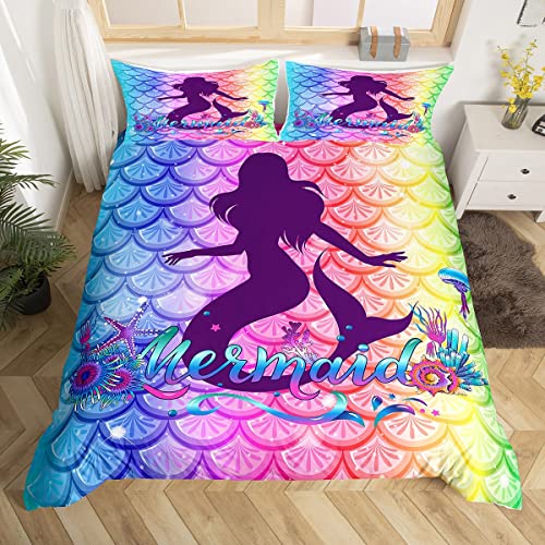 Kids Mermaid Bed Sets Kawaii Rainbow Duvet Cover Colorful Scales Bedding Set Twin Sea Marine Comforter Cover Magic Animal Bed Cover With 2 Pillow Shams Ocean Themed Bedroom Decor For Girls #TOP16