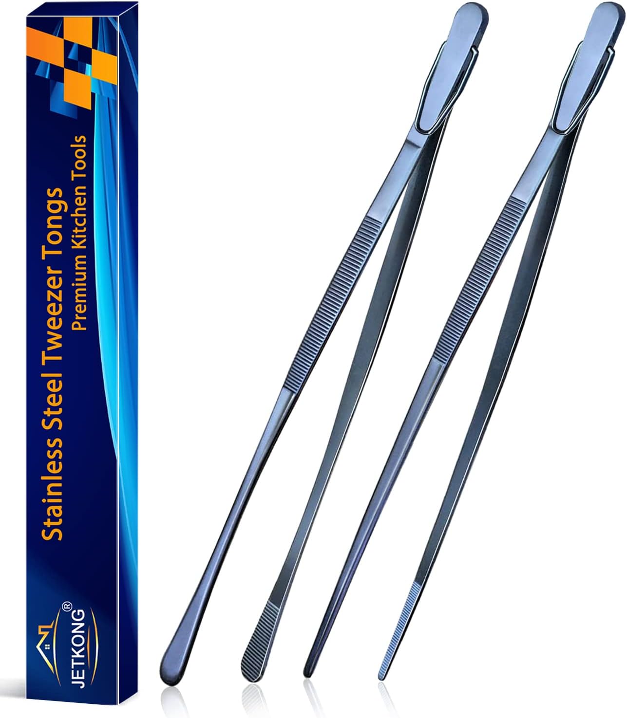 JETKONG 2 Pcs 12-Inch Finie Tweezer Tongs Stainless Steel Kitchen Cooking Tweezers (Navy Blue)