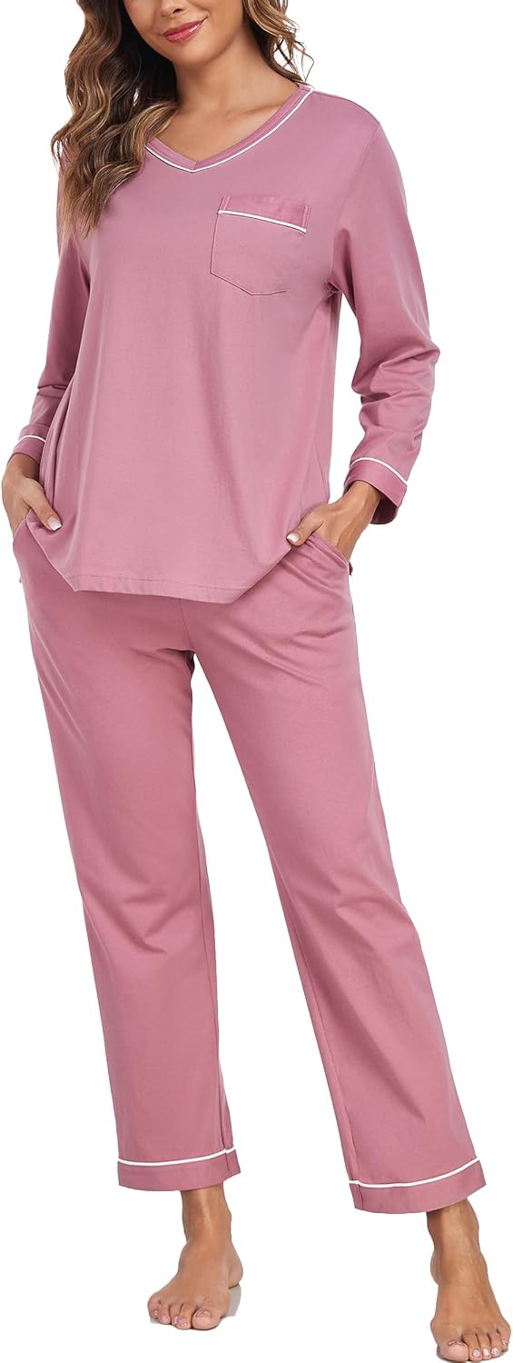 EA'S SECRET 100% Cotton Pajamas for Women Long Sleeve Long Pants Pjs 2 Piece V Neck Pullover Loungewear with Pocket
