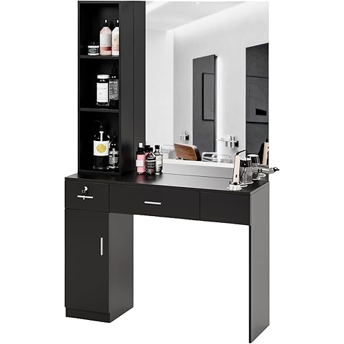 OmySalon Barber Station with Mirror, Hair Salon Station for Hair Stylist, Wall Mount Salon Beauty Spa Equipment with 3 Hair Dryer Holders & Open Shelves, 2 Drawers, 1 Storage Cabinet, Black