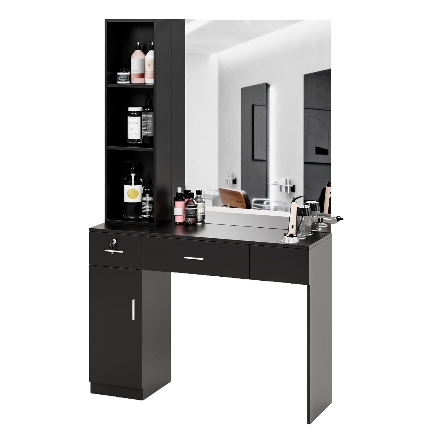 OmySalon Barber Station with Mirror, Hair Salon Station for Hair Stylist, Wall Mount Salon Beauty Spa Equipment with 3 Hair Dryer Holders & Open Shelves, 2 Drawers, 1 Storage Cabinet, Black