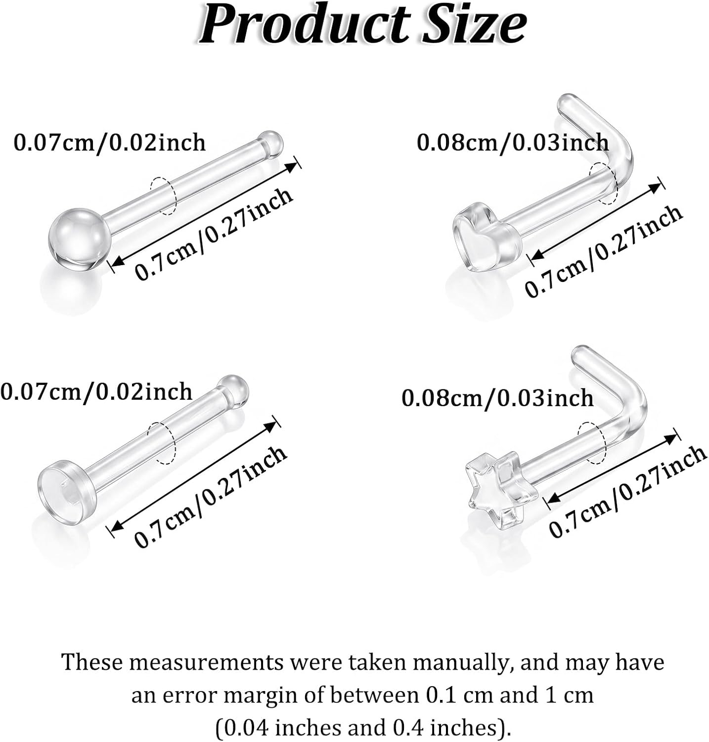 Clear Nose Studs, 24Pcs 20G Straight & L Shape Plastic Clear Nose Rings for Work Round Star Heart Flat Top Invisible Piercing Retainers for Surgery Sport, 7mm