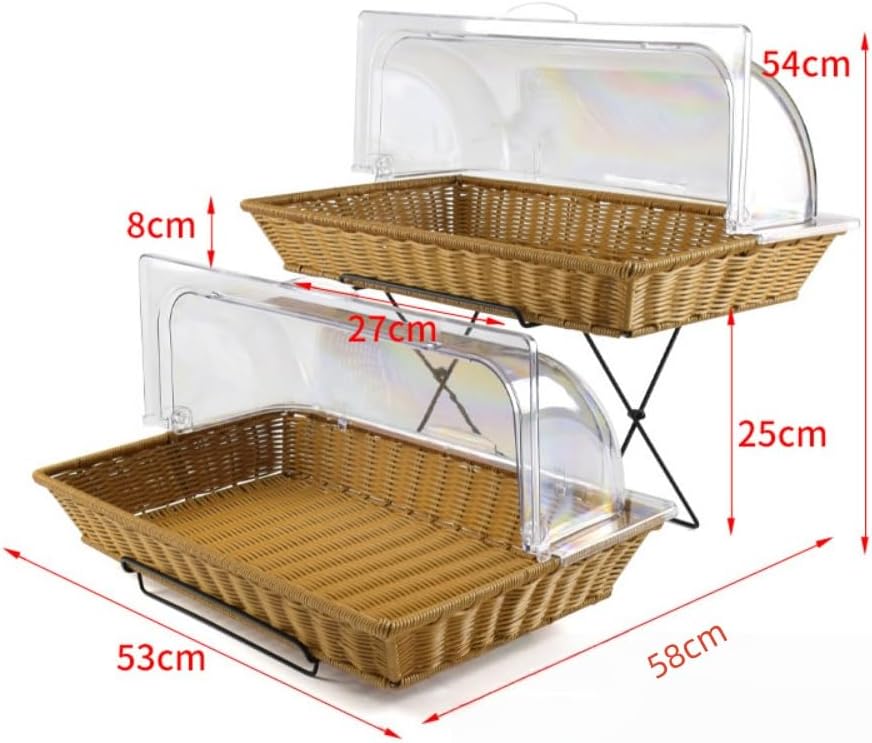 AOUDN蓋付き二層ブレッドバスケット、ボックス、フードカバー、デザートケーキスプレイトレイ、2段、模造籐編みバスケット、トレイ用透