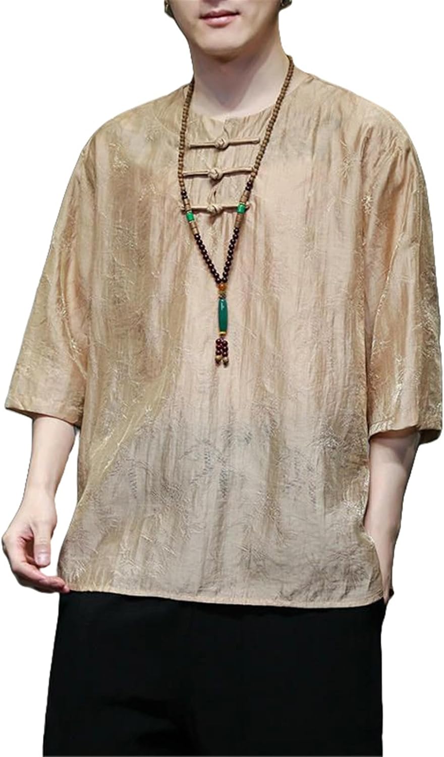 Men's Summer Chinese Style Frog Button Five Point Sleeve Print Shirt