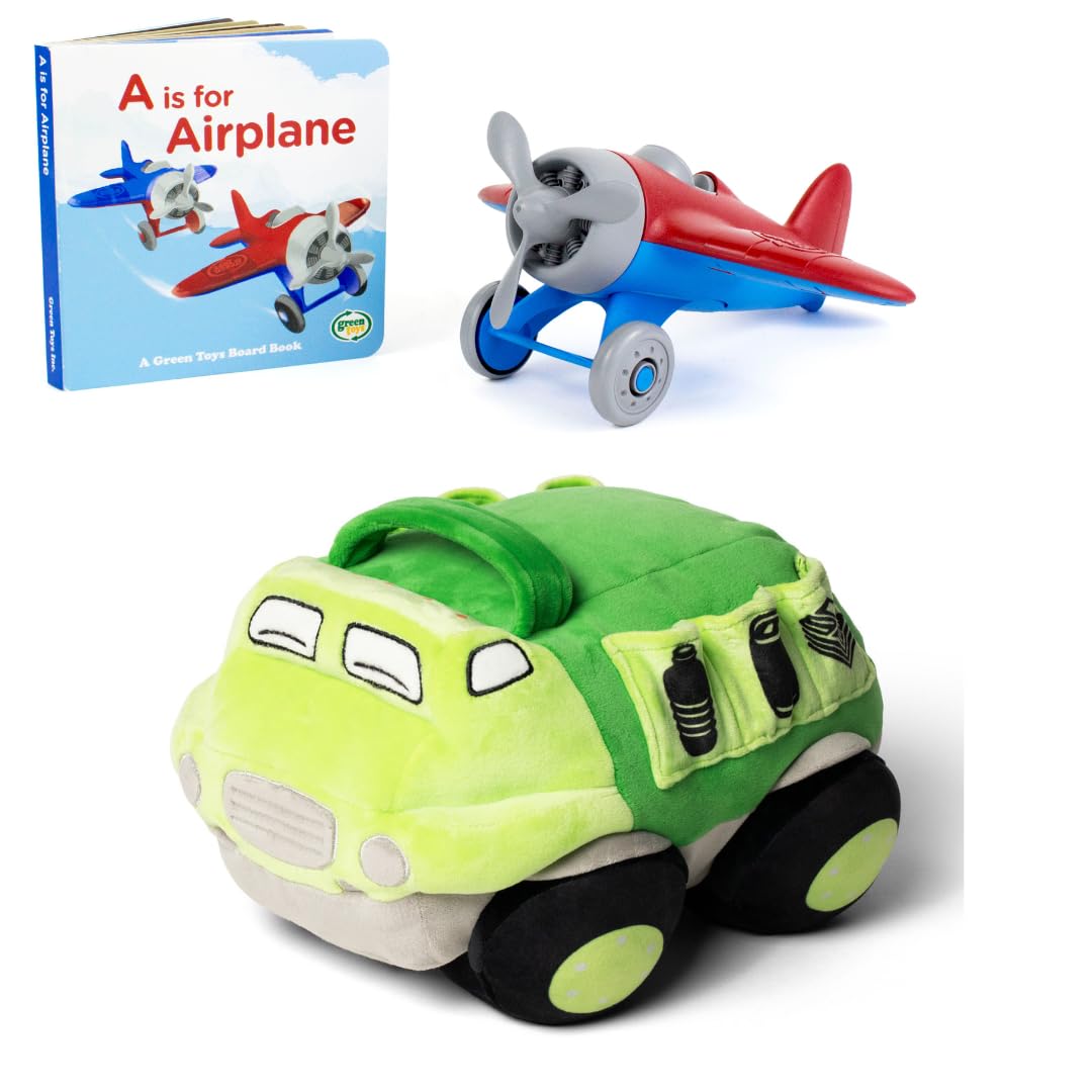 Green Toys Recycle Truck Plush & Airplane Board Book Bundle – Flight & Plush Play Set