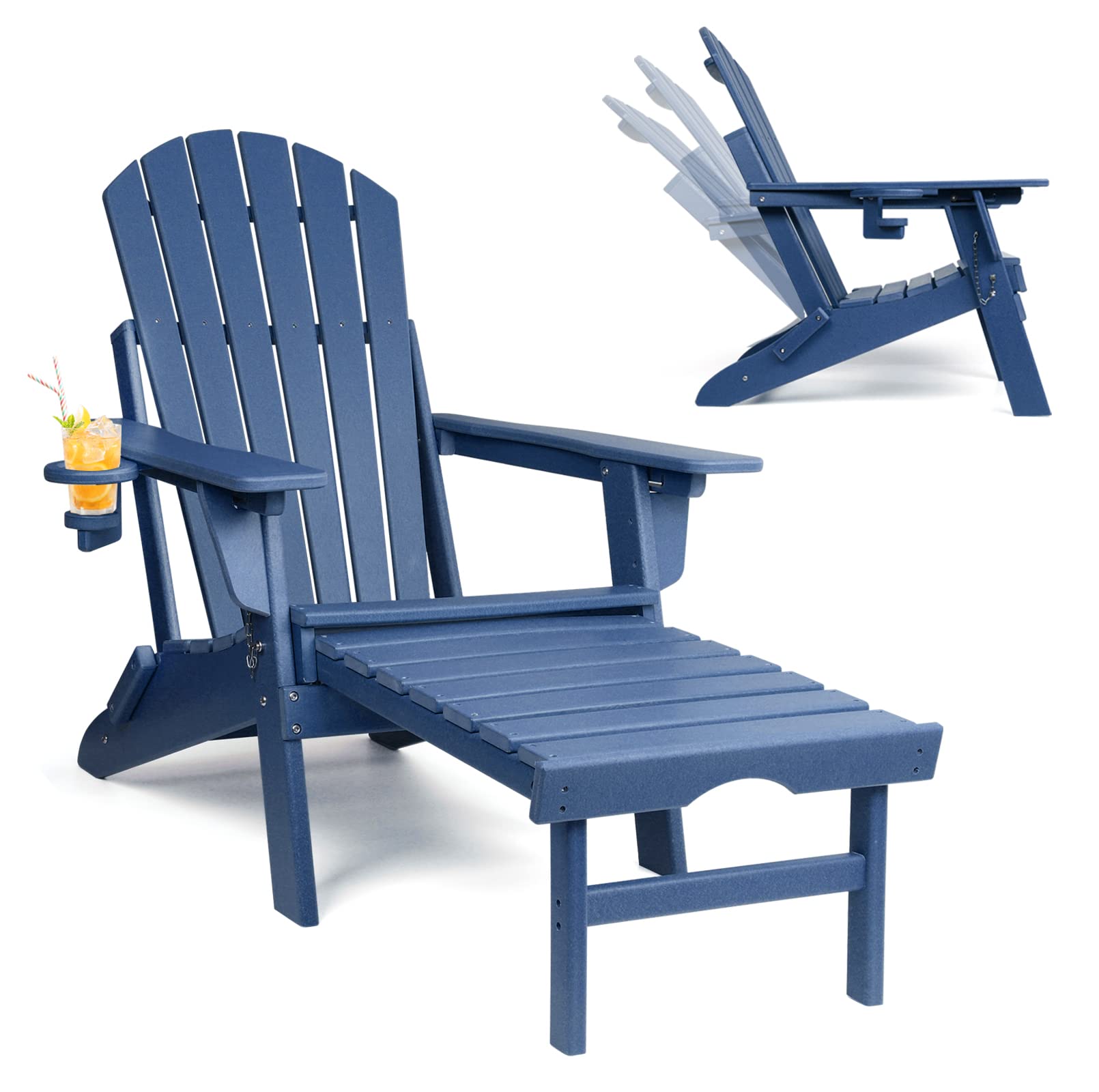 FUNBERRY Adjustable Folding Adirondack Chair with Retractable Ottoman, All Weather Fire Pit Chairs with Cup Holder