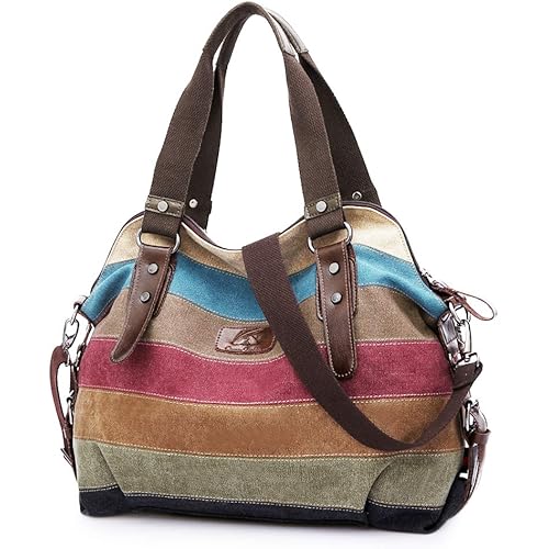 SNUG STAR Canvas Handbag Multi-Color Striped Lattice Cross Body Shoulder Purse Bag Tote-Handbag for Women