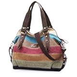 Canvas Handbag Multi-Color Striped Lattice Cross Body Shoulder Purse Bag Tote-Handbag for Women