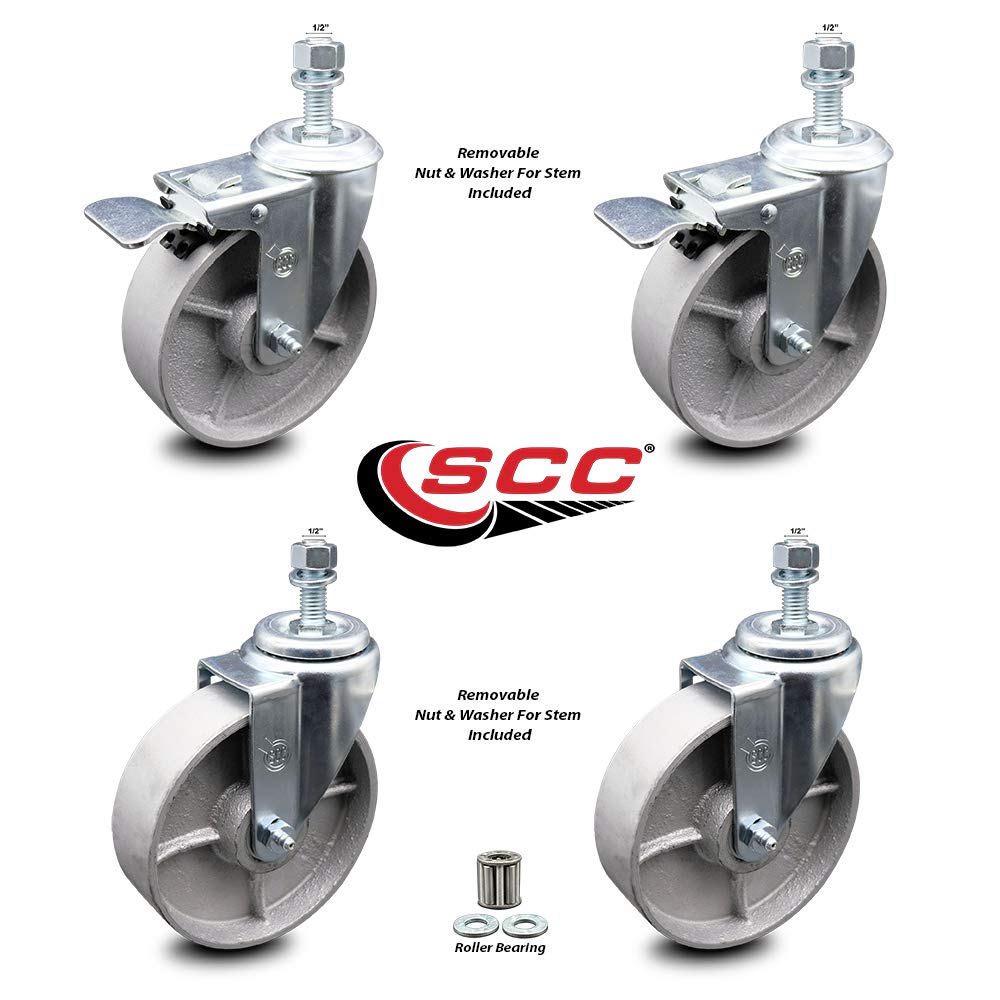 Semi Steel Cast Iron Swivel Threaded Stem Caster Set of 4 w/Roller Bearing - 5" x 1.5" Silver Wheels and 1/2" Stems - Includes 2 with Total Locking Brake - 1200 lbs Total Capacity-Service Caster Brand