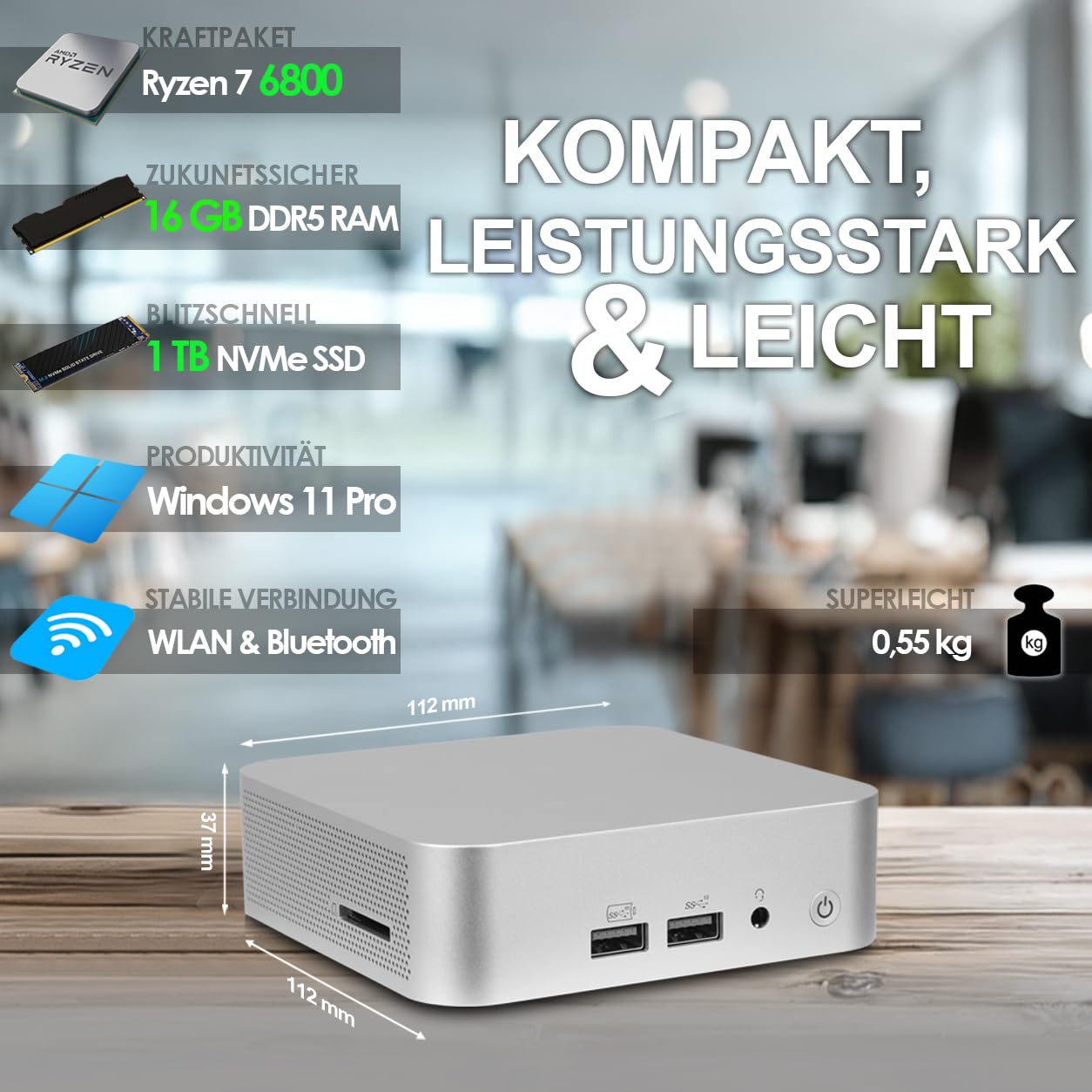 Ankermann ANK-IX A6 Mini PC AMD Ryzen 7 16GB RAM 1TB SSD MS Office 2024 | Kompakter Business & Home-Office PC, Windows 11 Pro, MS Office 2024 Professional Plus, WLAN 6 & Bluetooth