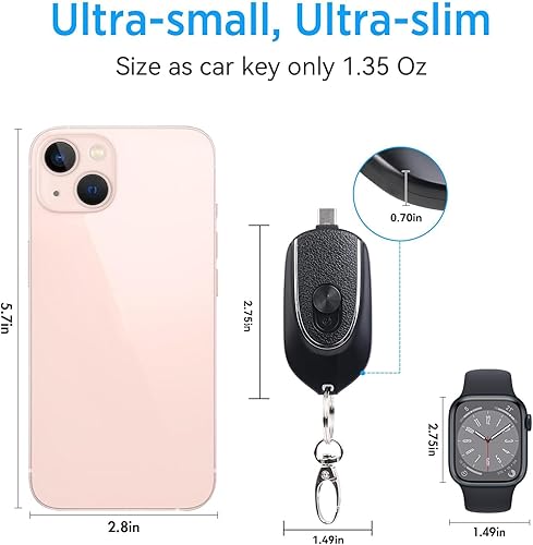 Miniatura 5 de GAIDEGA Cargador portátil con llavero para iPhone, 2 conectores integrados iOS y Android, mini cápsula de energía de emergencia, 100% de capacidad