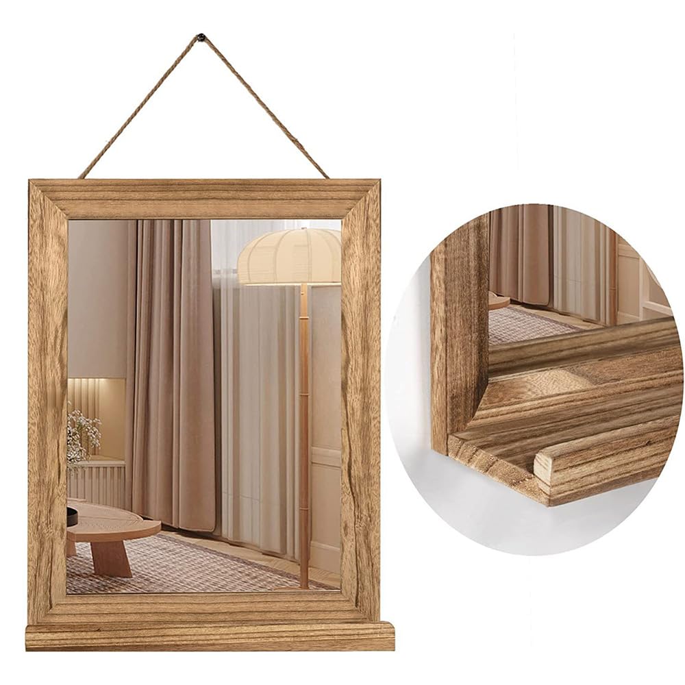 Rustic Wall Mirror Rectangular, Hanging Wooden Mirror with Shelf for Entryway, Farmhouse Decor for Living Room, Bathroom, Bedroom, Hallway Entry Table Decoration, Brown