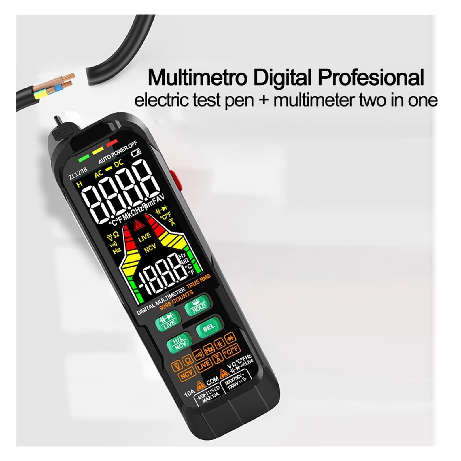 USB Charge Multimetr Cyfrowy 9999 Kolorowy Wyświetlacz LCD DC AC Napięcie Prądu Pojemność Multimetro NCV Tester Drutu Na Żywo Szybko Dokładnie Łatwy Odczyt(128B)