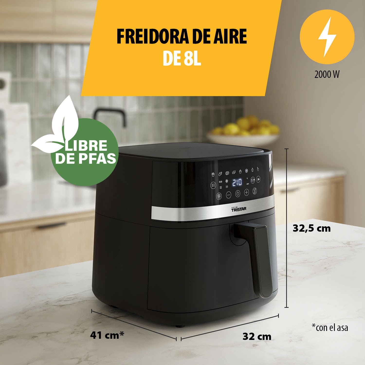 Tristar Freidora de Aire Digital, 8L Capacidad, 2000W, Pantalla LED Táctil, 7 Programas + Manual, Función Precalentar y Mantener Caliente, Aviso de Agitación, Recubrimiento Antiadherente, FR-9418