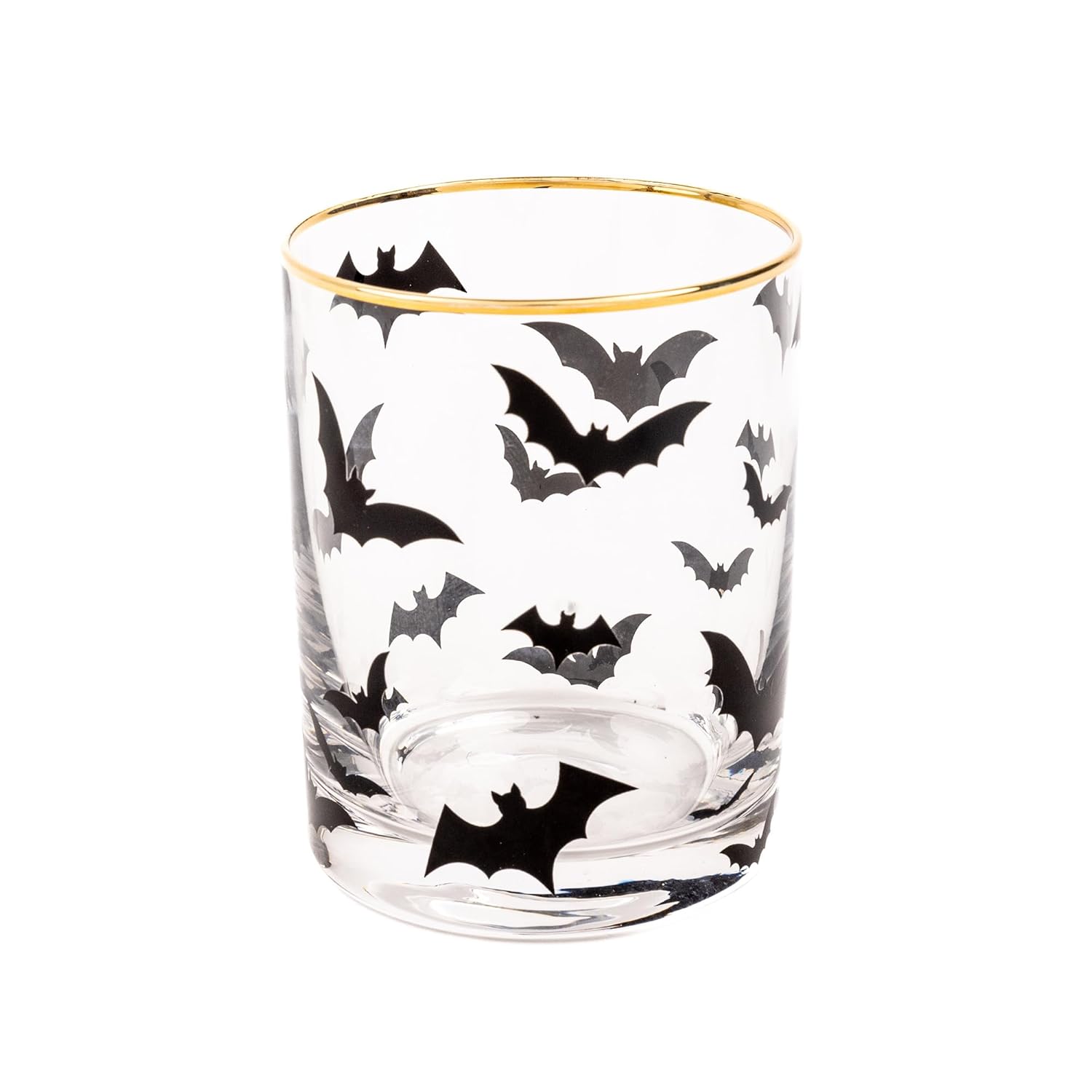 Mary Square Spooky Fall Halloween Theme 12 Ounce Tumbler Cocktail Rocks Highball Glass Clear Golden Rim Flying Bats