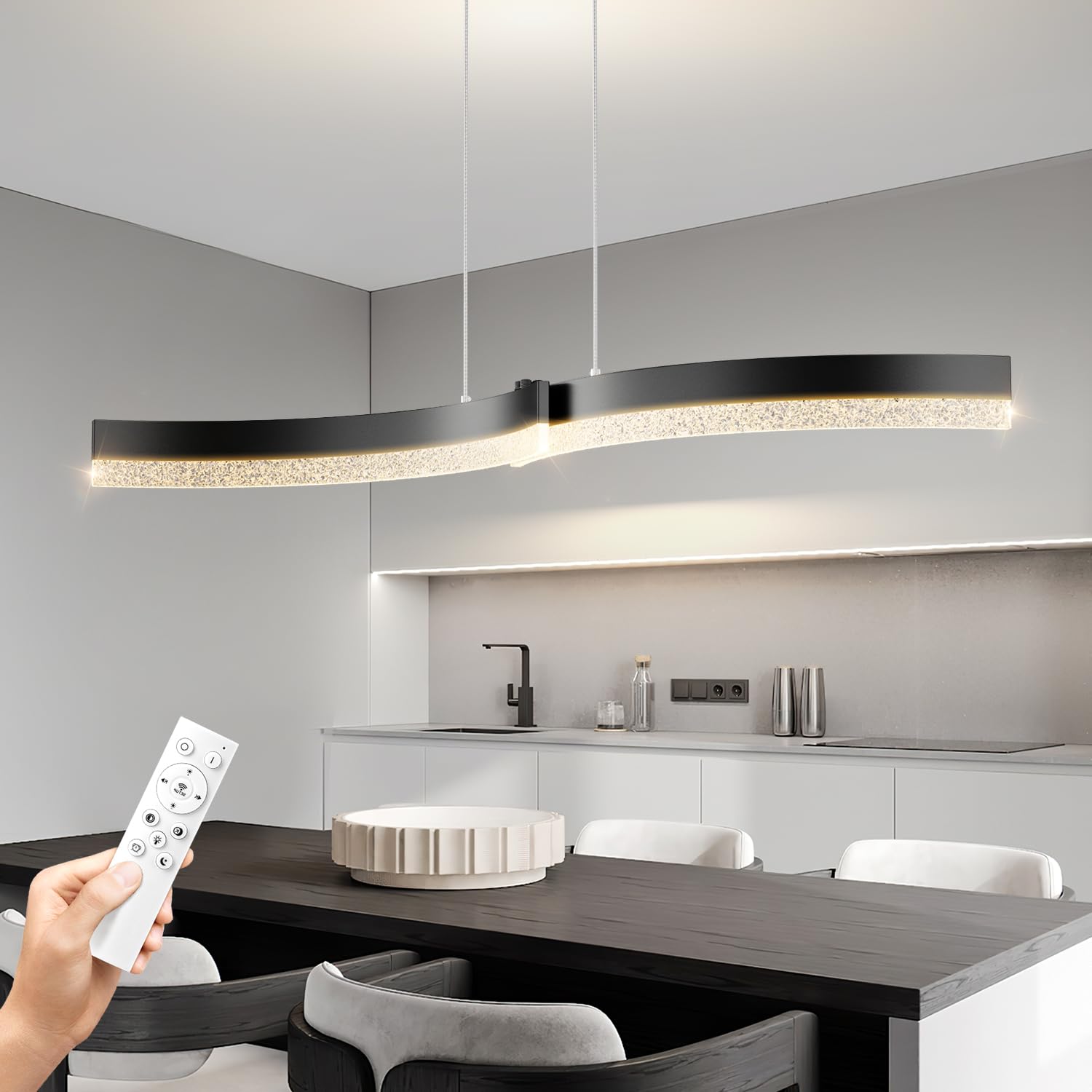37.2in Modern LED Chandelier for Dining Room, Acrylic Dimmable Linear Pendant Light with Remote Control, Height-Adjustable Black Modern Chandelier for Kitchen Island Dining Room Living Room Bar