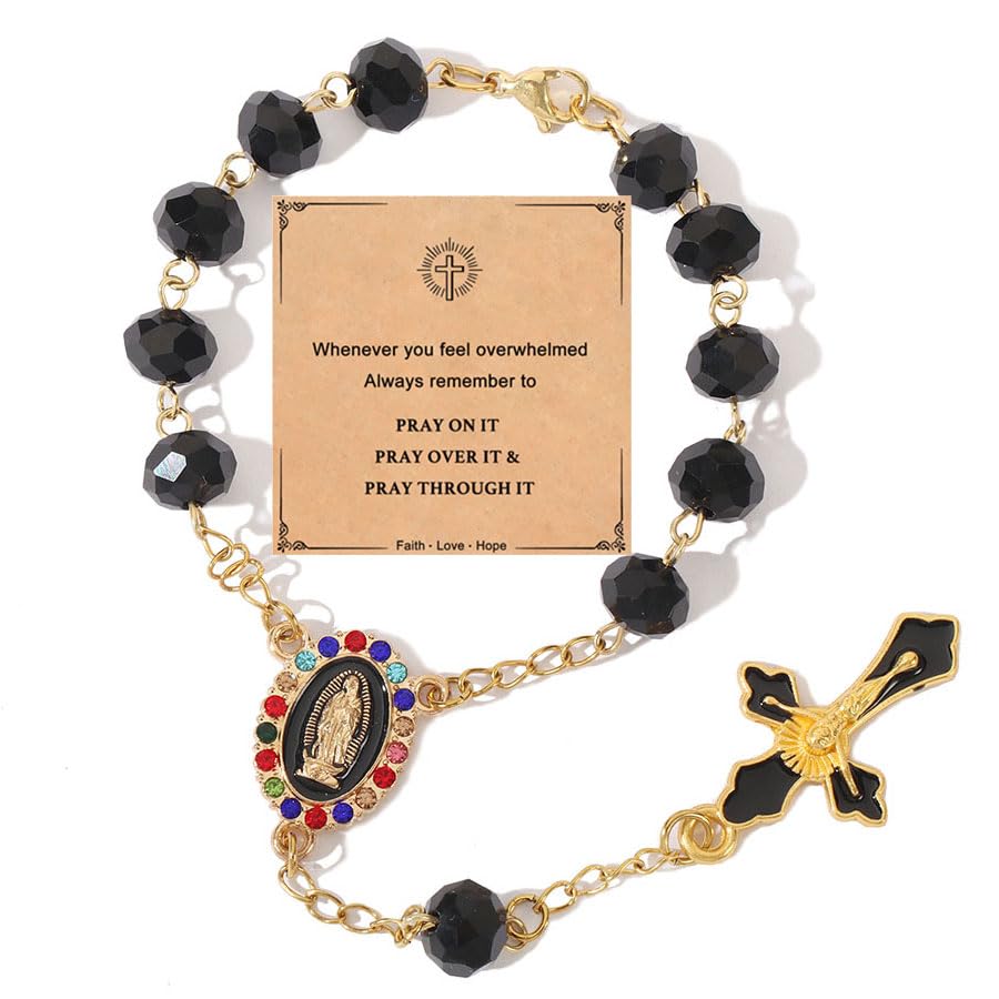 Image of Car Rosary for Rearview Mirror,Rosary for Car Mirror Hanging,Catholic Religious Gifts for Women Men,Auto Rearview Catholic Rosary Hanging Pendant with Virgin Mary Charm,interior Cars Accessories (Bla)