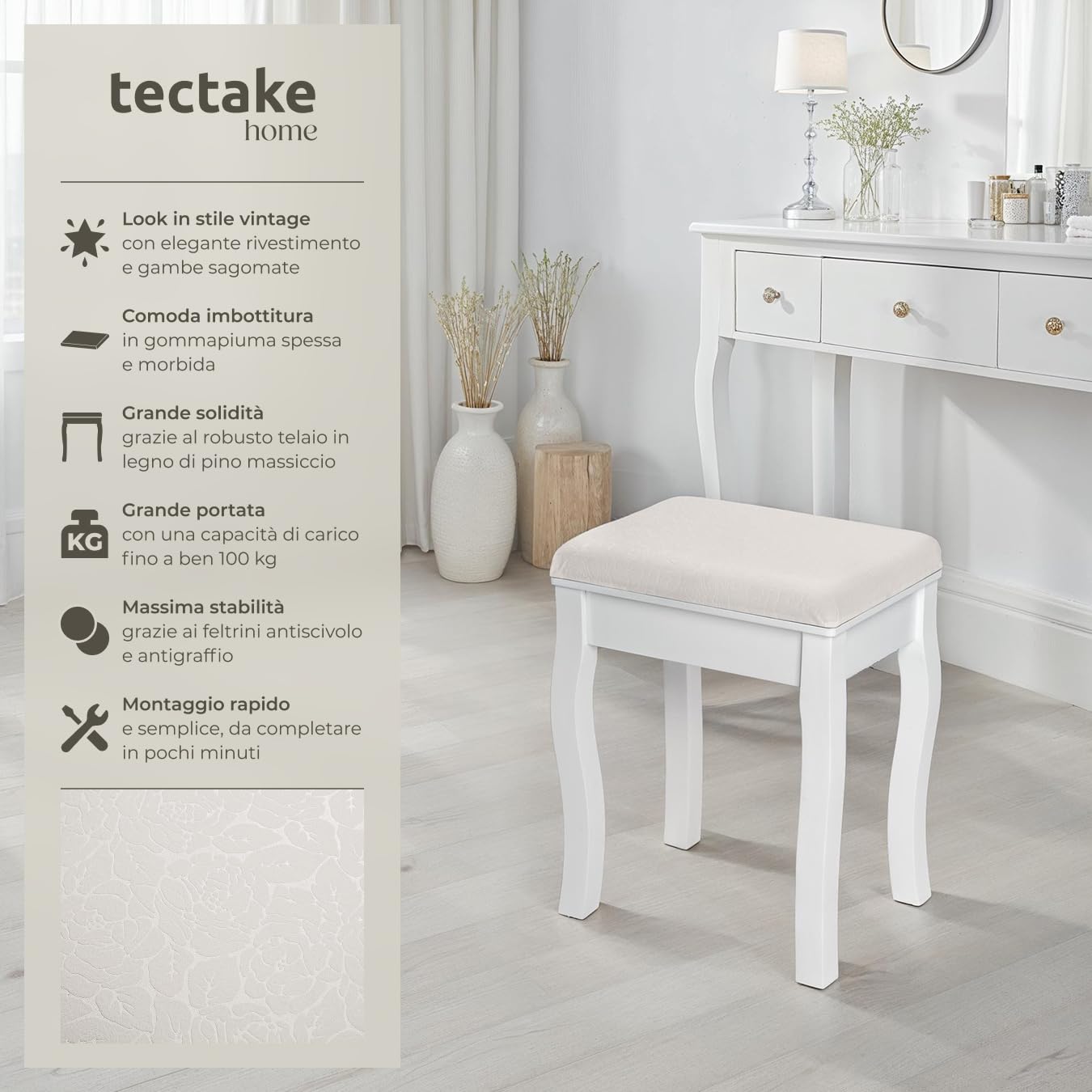 Sgabello Ottomano Imbottito In Finta Pelle Marrone, Gambe In Legno Massello, Retrò, 41x33x44 Cm - 2