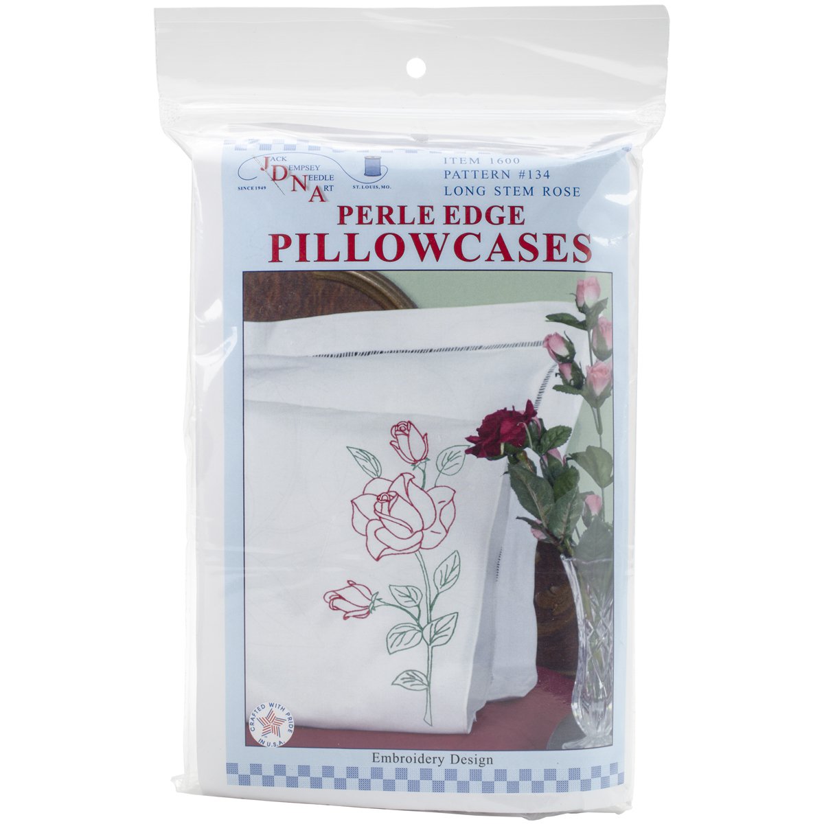 Jack Dempsey Stamped Pillowcases with White Perle Edge, Long Stem Rose, 2 Per Package