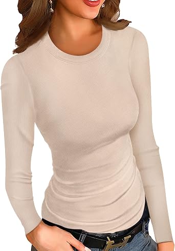 HWOKEFEIYU Womens Fall Long Sleeve Stretch Slim Round Neck Ribbed Basic Shirts