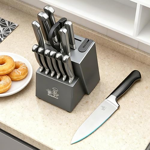 Miniatura 3 de CHUSHIJI Juego de cuchillos con bloque y afilador, juego de 15 piezas de bloque de cuchillos de alta calidad, mango antideslizante, juego de