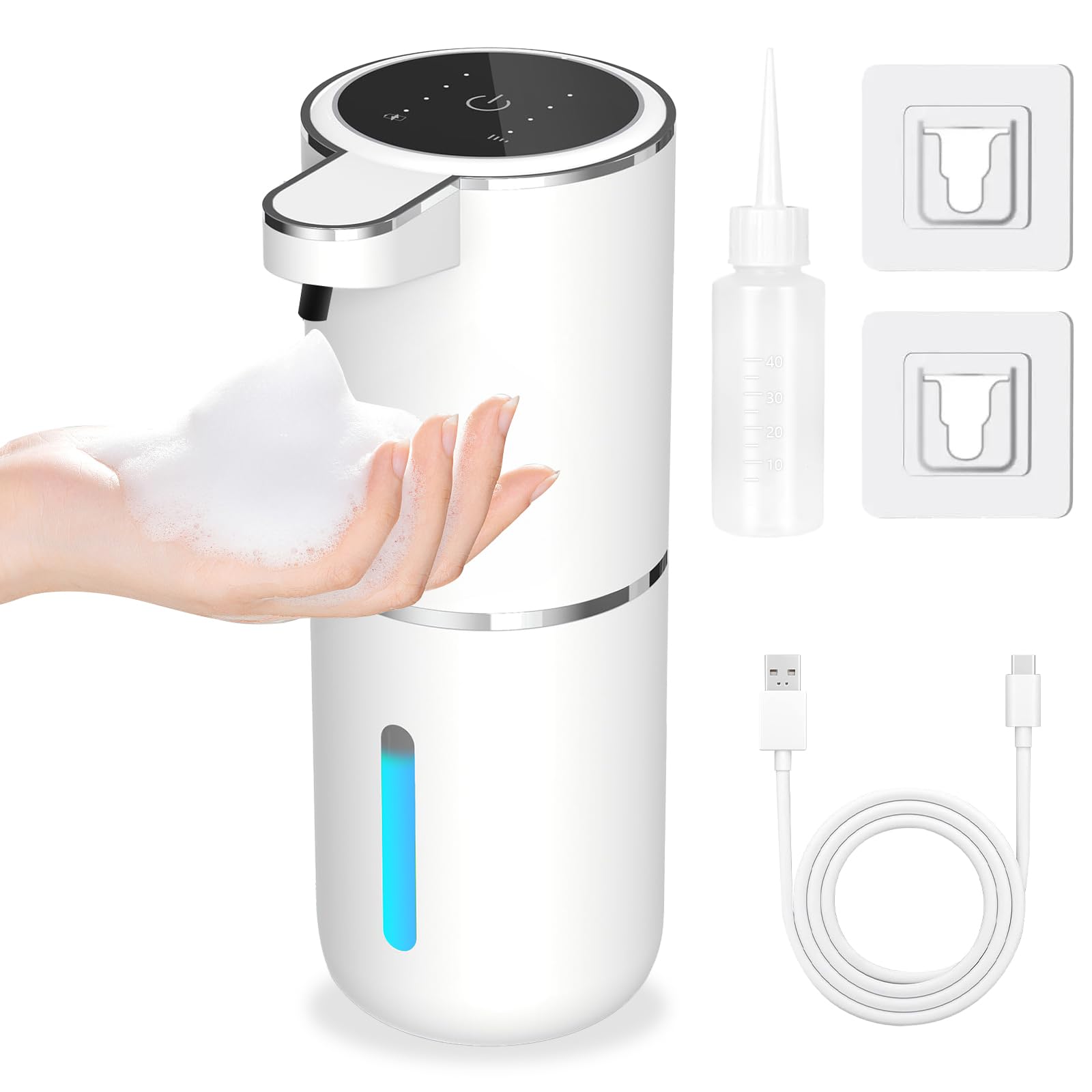 Dispensador de Jabón Automático, 380mL Gran Capacidad, Batería Recargable de USB, con 4 Niveles Ajustables, IPX5 Impermeable para Baño, Cocina, Oficina y Zonas Públicas (Espuma)