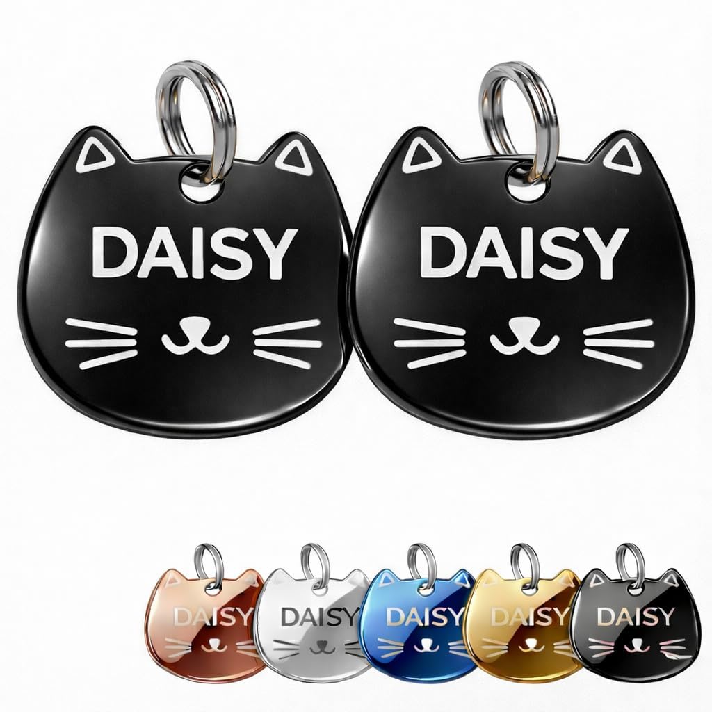 2-Pack Personalised Cat Face ID Tags, Custom Engraved Stainless Steel Cat Name Tags with Phone Number, Front & Back Engraving, Cat-Shaped Tags for Cats and Kittens (Black)