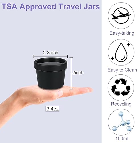 Miniatura 9 de Contenedores de viaje para artículos de tocador, paquete de 9 tarros de plástico aprobados por la TSA para crema, tarros de boca ancha para