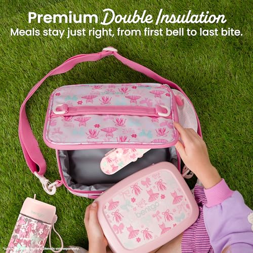 Image of Bentgo Kids Prints Lunch Bag - Double-Insulated, Reusable, for Kids 3+, Adjustable Strap; Holds Lunch Box /Water Bottle /Snacks; Easy-Clean, Water-Resistant, Pockets (NEW Ballet & Bows)