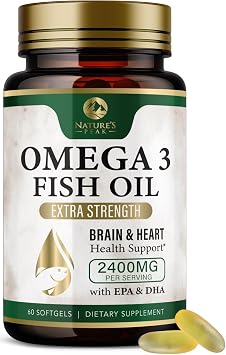 Omega 3 Fish Oil Pills 2400mg - Triple Strength Omega 3 Fish Oil Supplements - Best EPA & DHA Fatty Acids for Brain & Heart Health Support, Natures Omega3 Supplement, 30 Day Supply - 60 Softgels