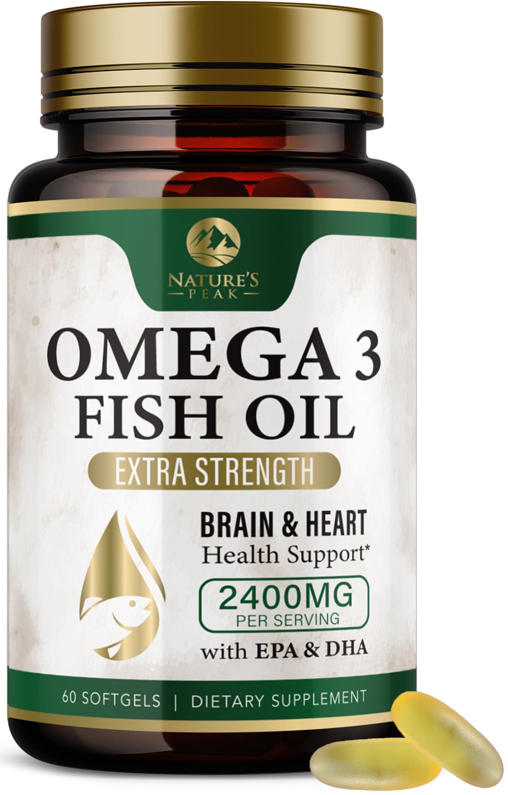 Omega 3 Fish Oil Pills 2400mg - Triple Strength Omega 3 Fish Oil Supplements - Best EPA & DHA Fatty Acids for Brain & Heart Health Support, Nature's Omega3 Supplement, 30 Day Supply - 60 Softgels 60 Count (Pack of 1)