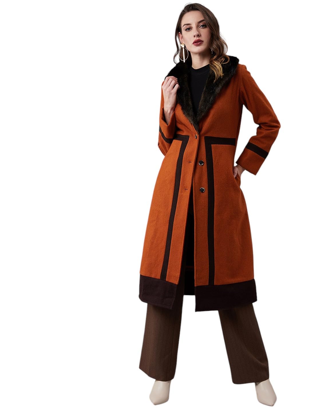 Rust and Brown full sleeve single breasted button knee length fur detail coat.-image-38