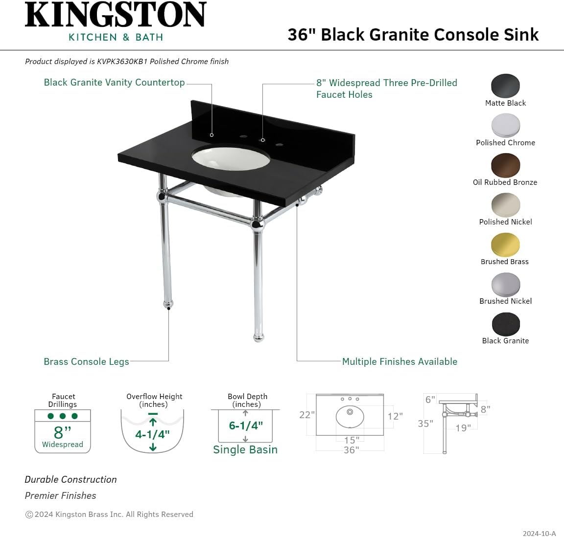 Kingston Brass KVPK3630KB5 Templeton 36" Black Granite Console Sink with Brass Legs, Black Granite/Oil Rubbed Bronze
