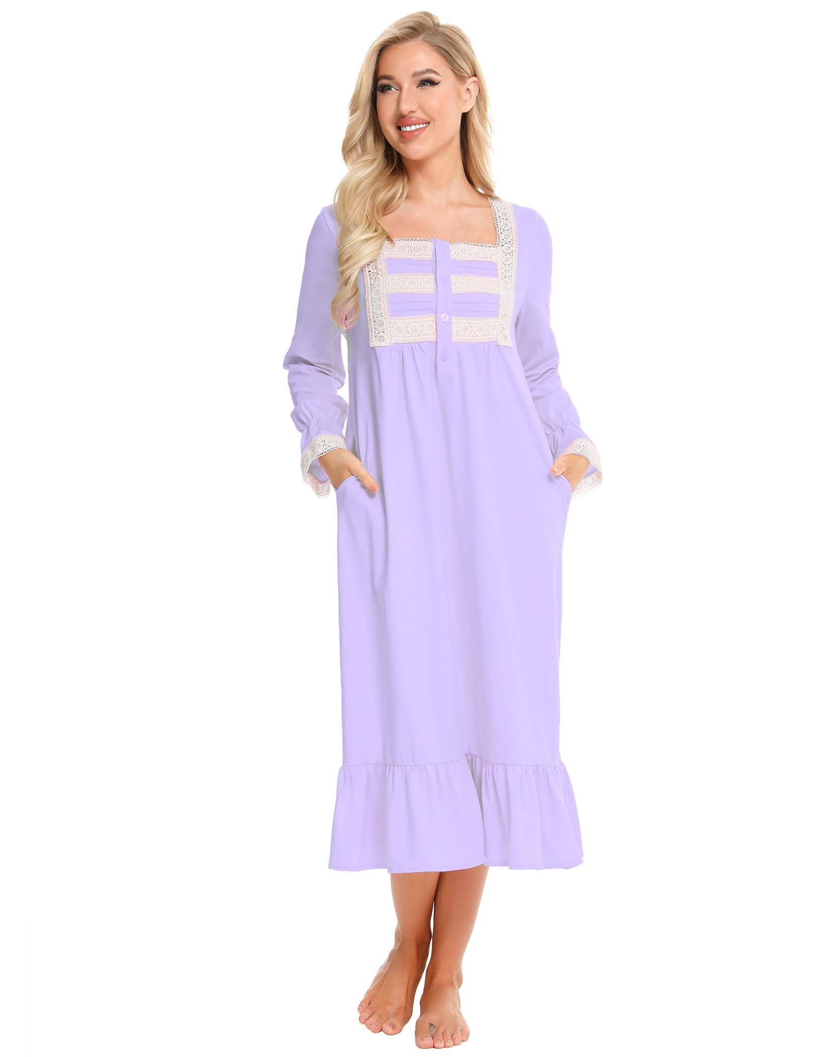 Citridarll Women's Purple Nightgowns For Victorian Cotton Nightdress Comfy Long-Sleeve Sleepwear Gown For Mom, Small