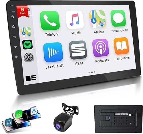 Estéreo de coche Android de 9 pulgadas, CarPlay inalámbrico y Android Auto, 4 GB de RAM 64 GB de ROM, unidad principal de doble DIN con pantalla